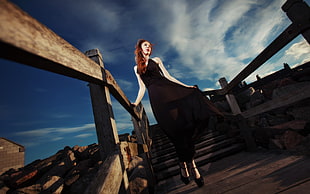 Woman wearing black dress in bridge HD wallpaper